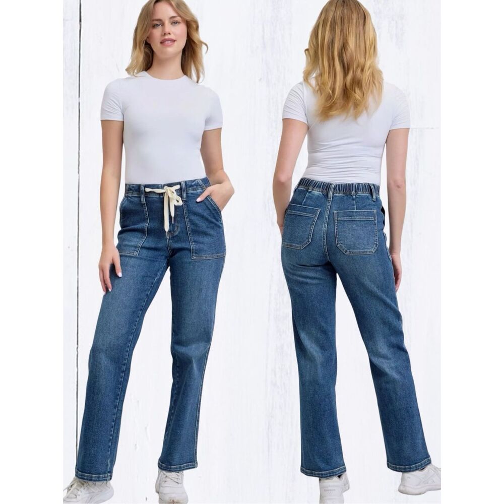 Judy Blue Drawstring Wide Leg Jeans High Rise Medium Wash Relaxed Fit NWT - Picture 14 of 16